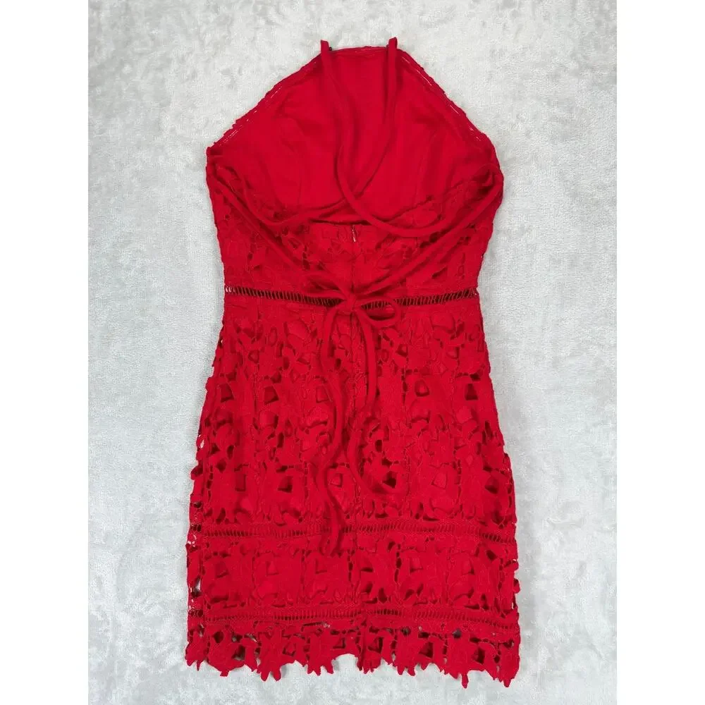Cefian Red Lace Halter Dress Small Sheath Cocktail Wedding Guest Date Night - Picture 2 of 11